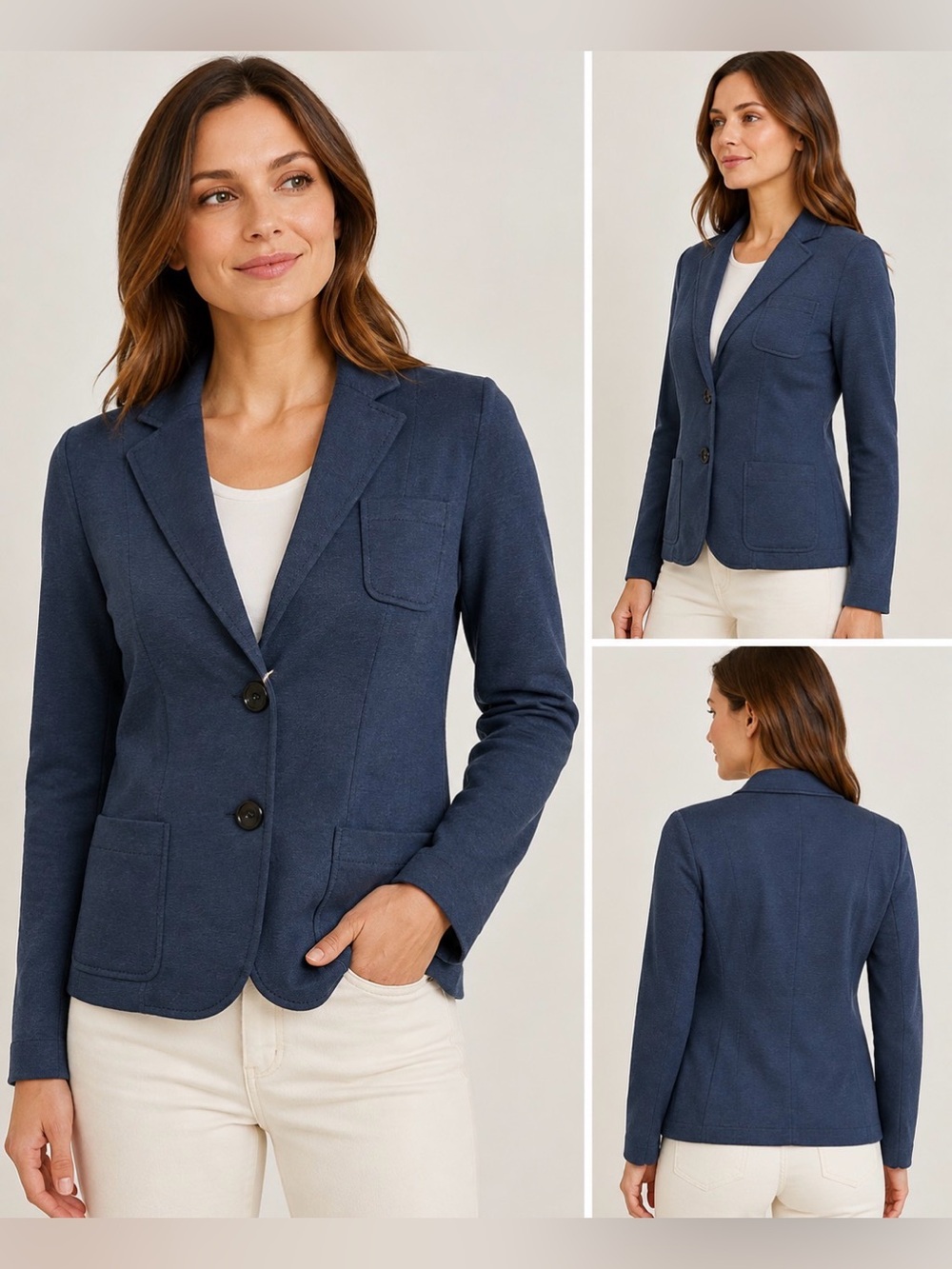 Akris Punto Navy Stretch Knit Blazer Jacket US 8 Patch Pockets Swiss Designer